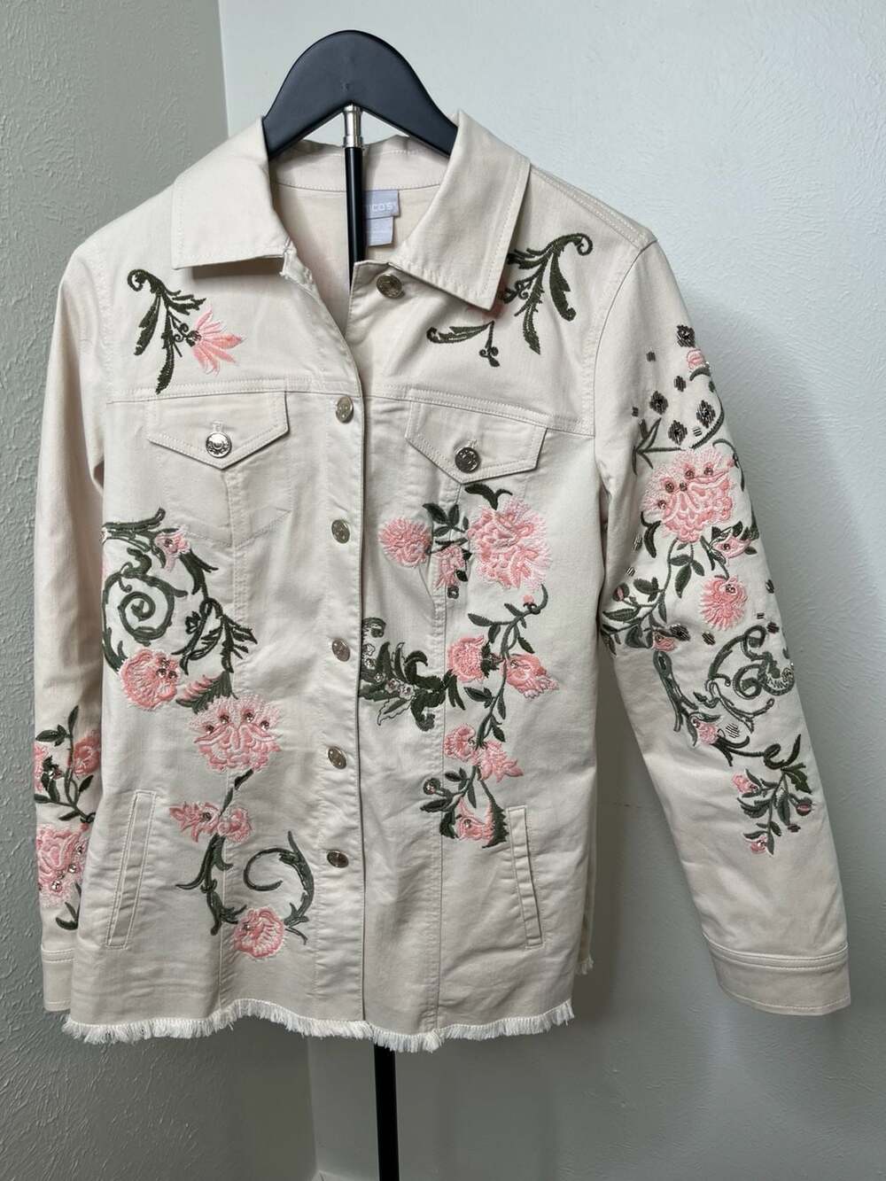 Off White Denim Jacket Embroidered Floral Leopard Animal Print Boho